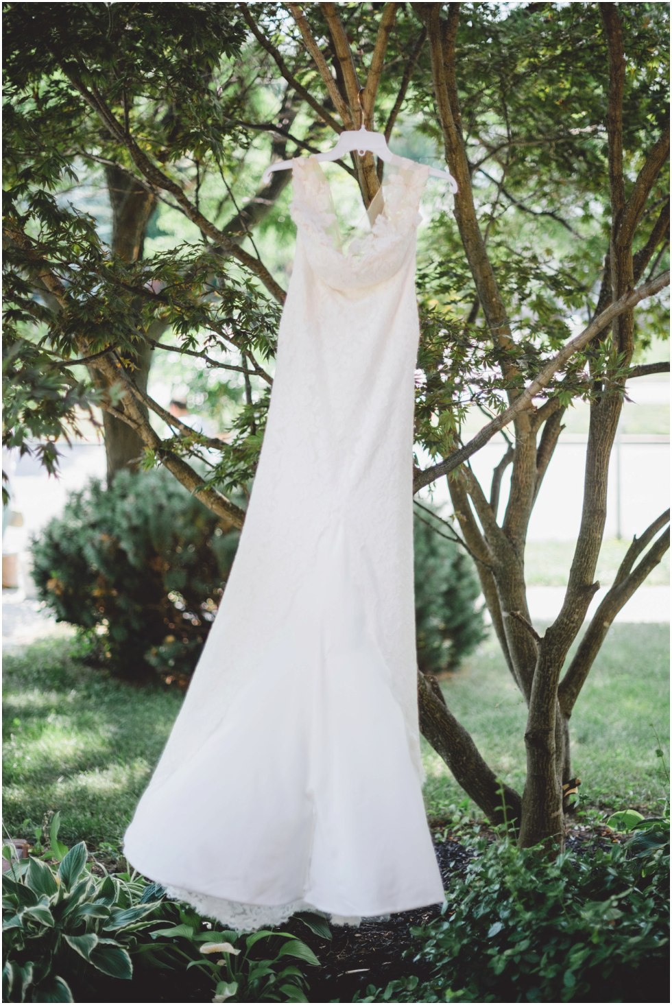 Brides dress swaying in the wind as it hangs from a tree