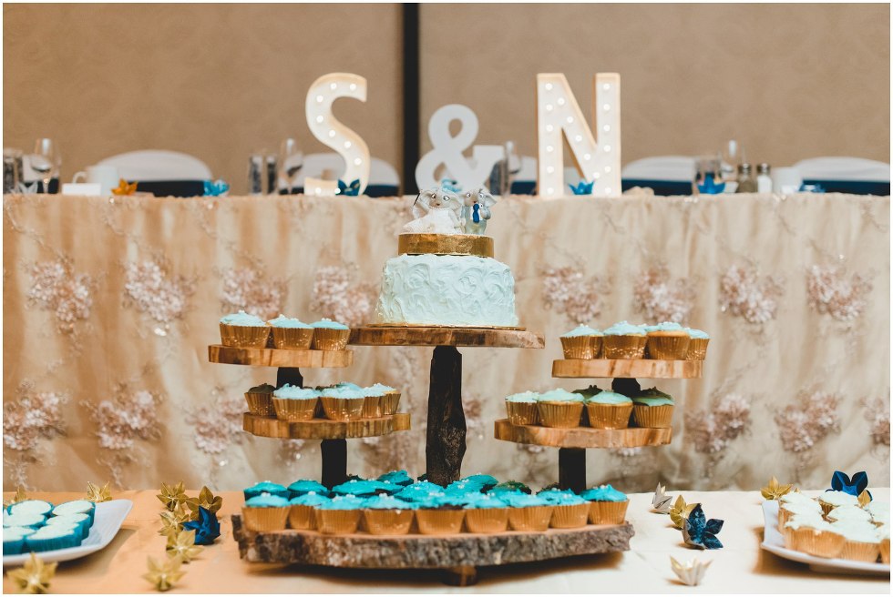 Wedding cake surrounded by teal and blue frosted cupcakes