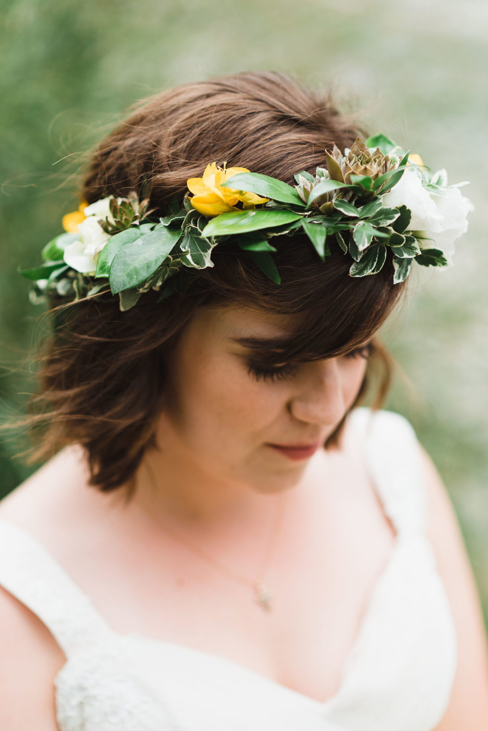 bride wearing flower crown Toronto Junction Craft Brewery wedding photography Gillian Foster