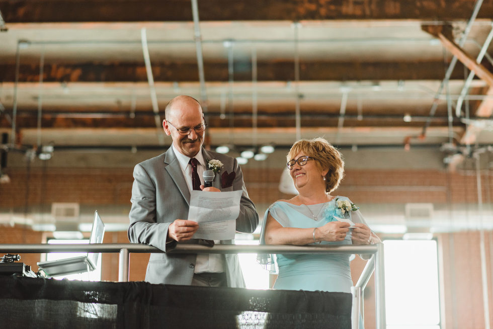 mother and father of the bride giving a toast Junction Craft Brewing wedding photography Toronto